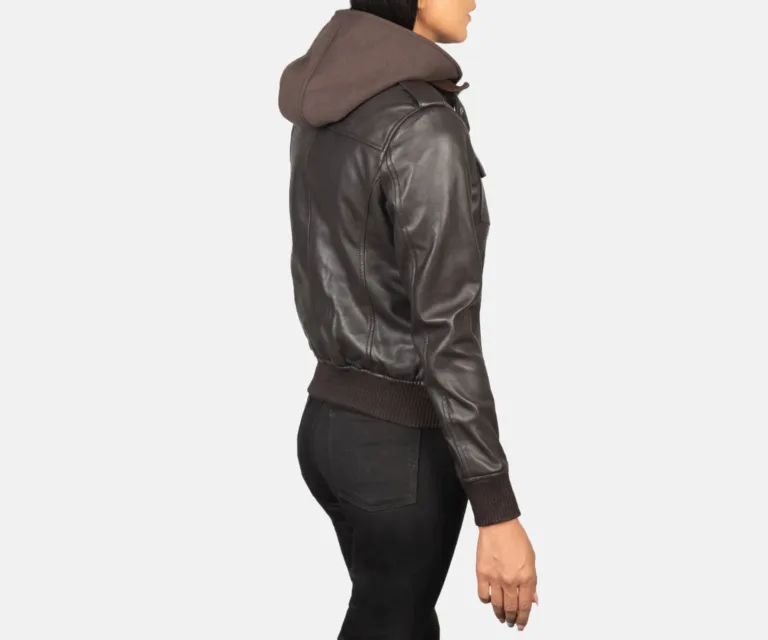 Roslyn Brown Hooded Leather Bomber Jacket Luxury Women's Outerwear — Macro Hardware & Leather Grain