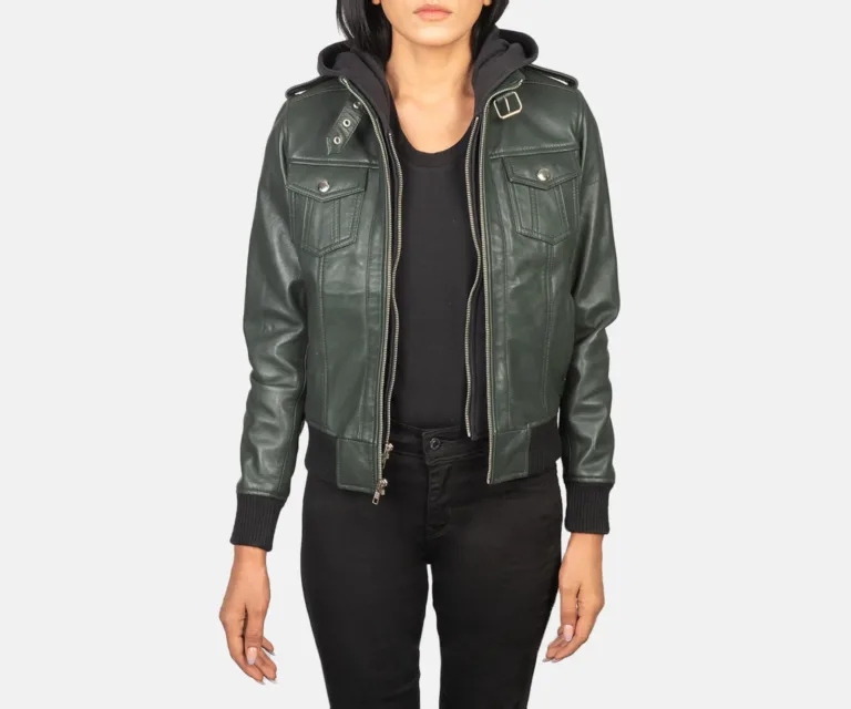 Roslyn Green Hooded Leather Bomber Jacket Luxury Women's Outerwear — Front Silhouette Hero Presentation