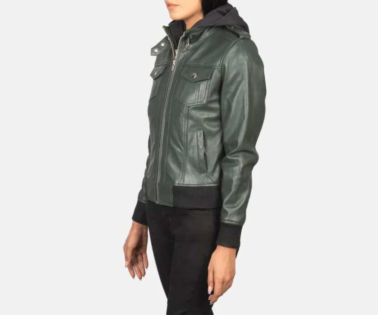 Roslyn Green Hooded Leather Bomber Jacket Luxury Women's Outerwear — Three-Quarter Editorial Perspective