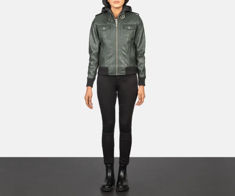 Roslyn Green Hooded Leather Bomber Jacket Luxury Women's Outerwear — Collar & Ribbed Trim Architecture
