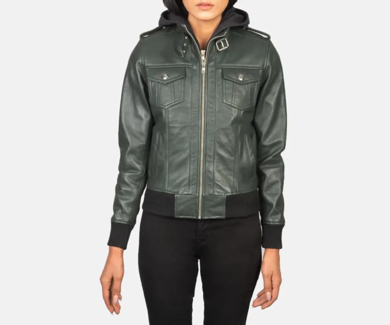 Roslyn Green Hooded Leather Bomber Jacket Luxury Women's Outerwear — Rear Profile & Tailored Seaming