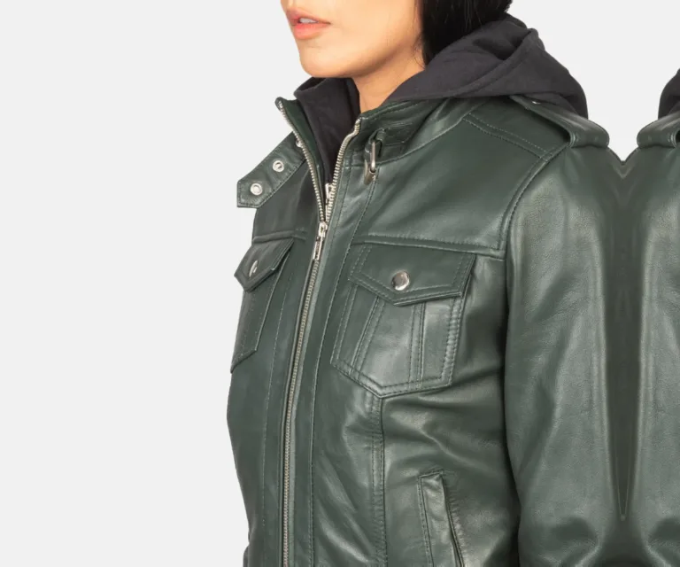 Roslyn Green Hooded Leather Bomber Jacket Luxury Women's Outerwear — Full-Length Silhouette & Drape