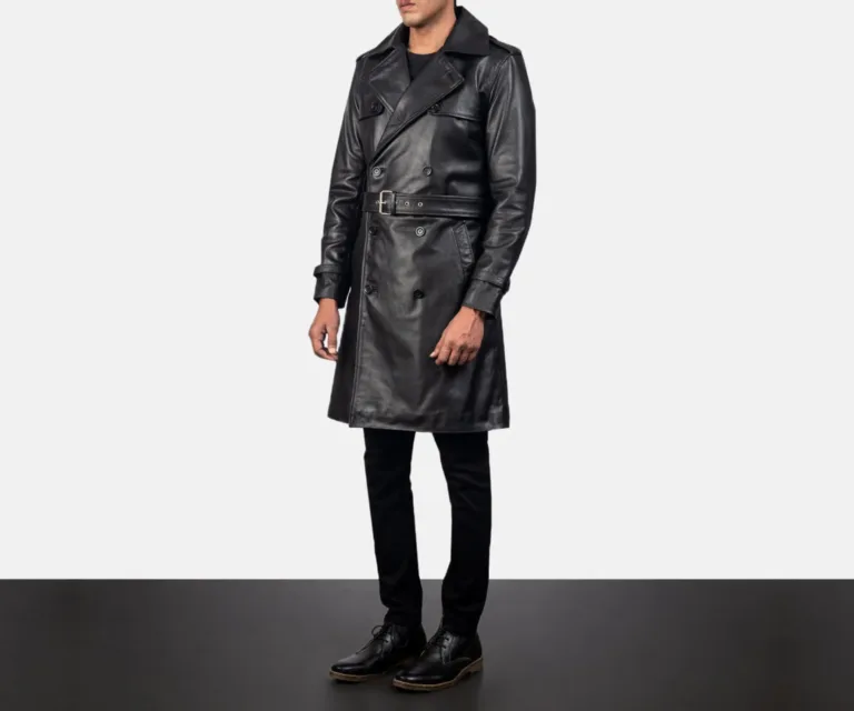 Royson Black Leather Duster Coat — Three-Quarter Perspective