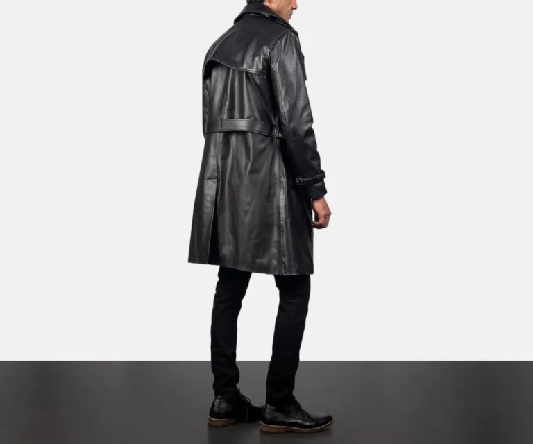 Royson Black Leather Duster Coat — Front Detail & Closure