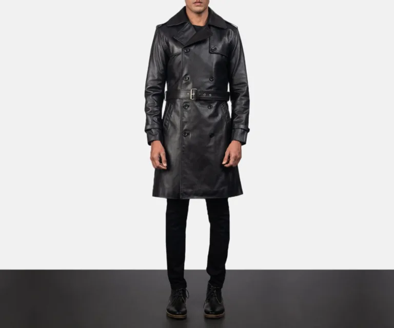 Royson Black Leather Duster Coat — Rear Profile View