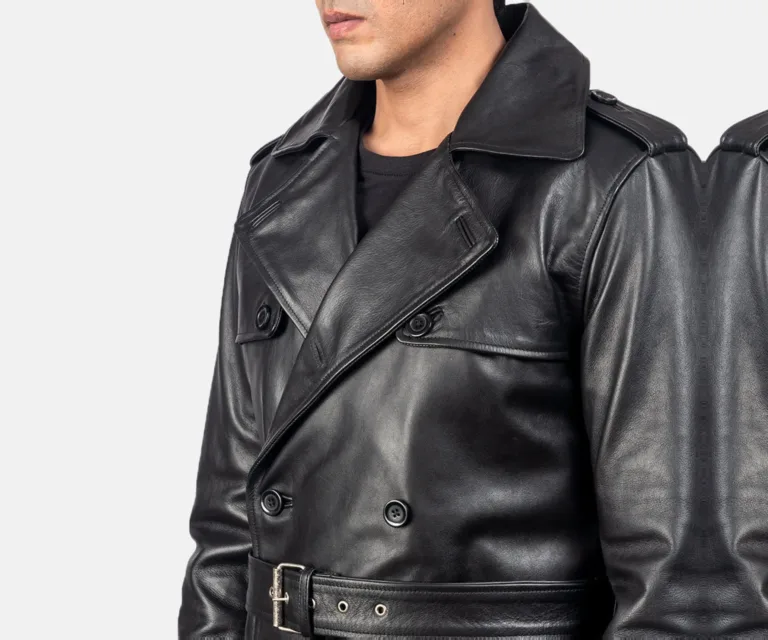 Royson Black Leather Duster Coat — Macro Hardware & Seam Construction