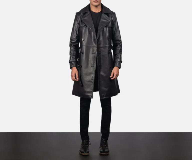Royson Black Leather Duster Coat — Full Editorial Model Perspective