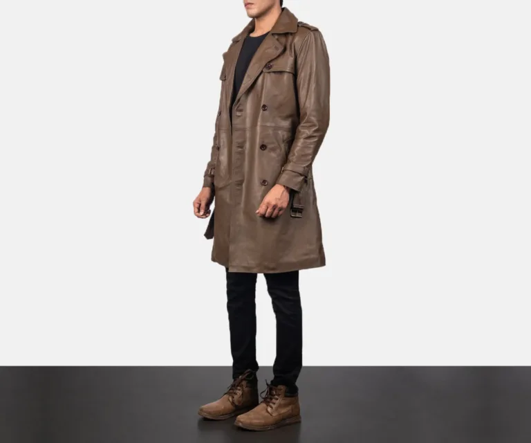 Royson Brown Leather Duster Coat — Three-Quarter Perspective