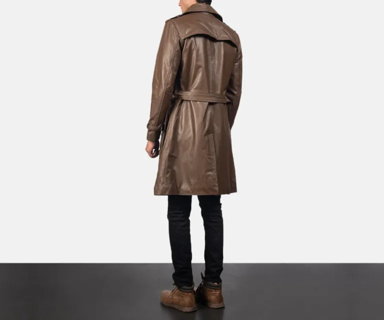 Royson Brown Leather Duster Coat — Front Detail & Closure