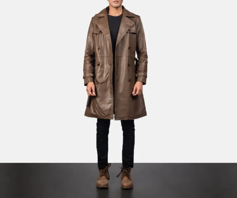 Royson Brown Leather Duster Coat — Rear Profile View