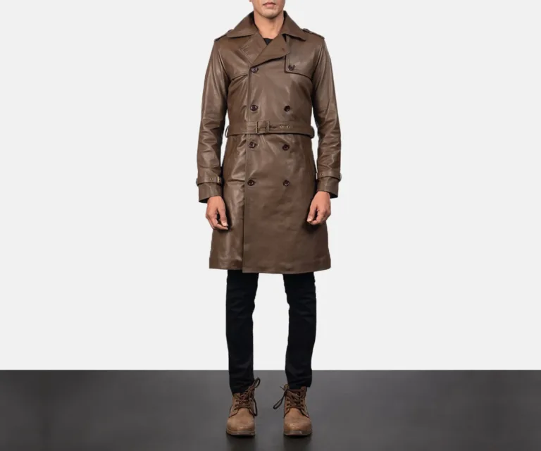 Royson Brown Leather Duster Coat — Full Editorial Model Perspective