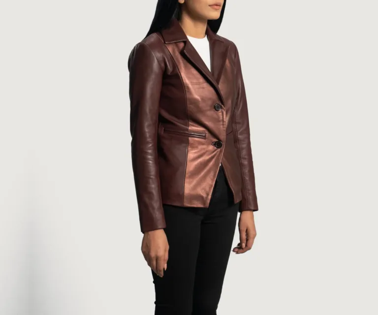 Ruby Metallic Maroon Leather Blazer Luxury Women's Outerwear — Three-Quarter Editorial Perspective