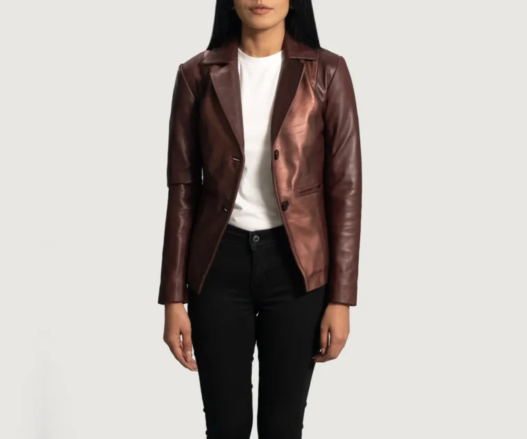 Ruby Metallic Maroon Leather Blazer Luxury Women's Outerwear — Collar & Closure Architecture