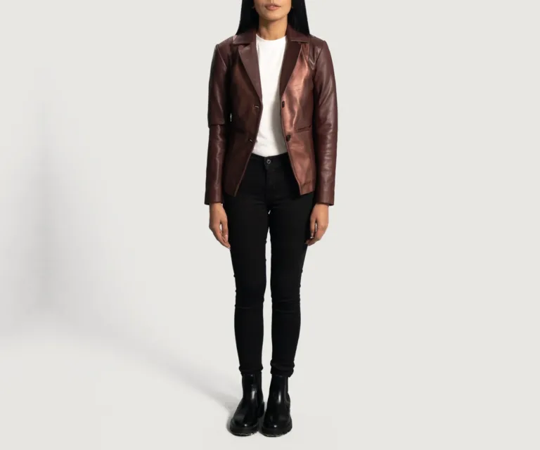 Ruby Metallic Maroon Leather Blazer Luxury Women's Outerwear — Rear Profile & Tailored Seaming