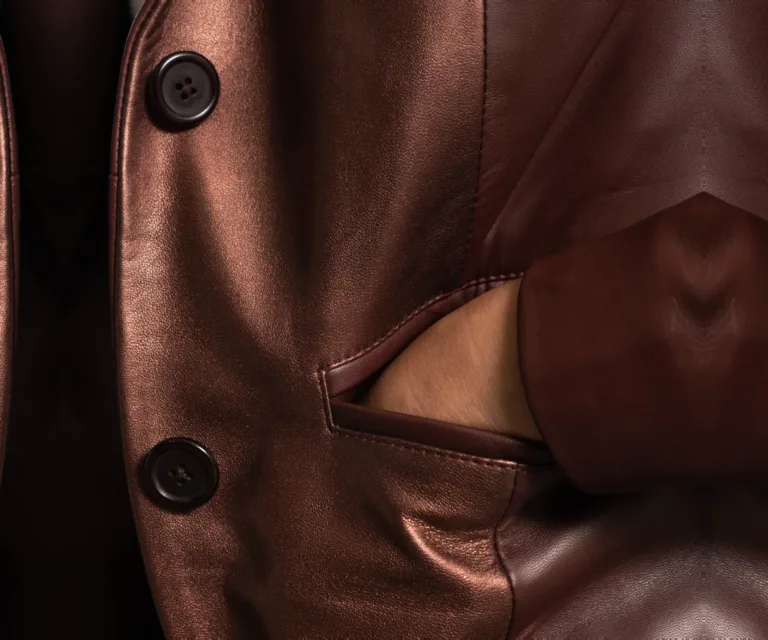 Ruby Metallic Maroon Leather Blazer Luxury Women's Outerwear — Macro Hardware & Leather Grain