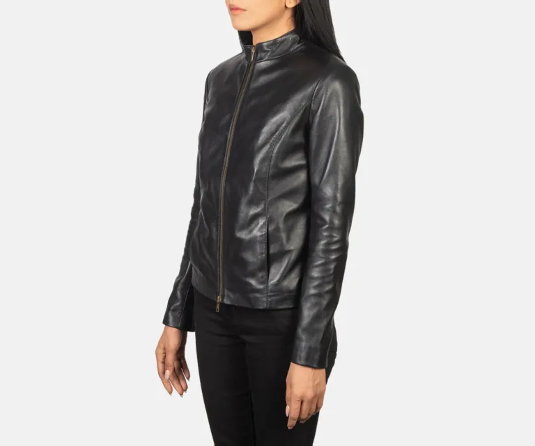 Rumella Black Leather Biker Jacket Luxury Women's Biker Jacket — Three-Quarter Editorial Perspective