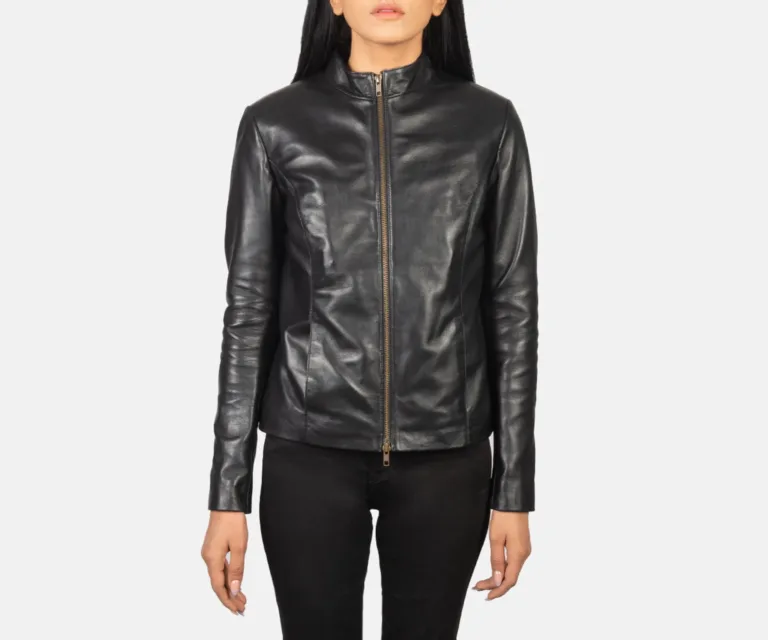Rumella Black Leather Biker Jacket Luxury Women's Biker Jacket — Rear Profile & Tailored Seaming