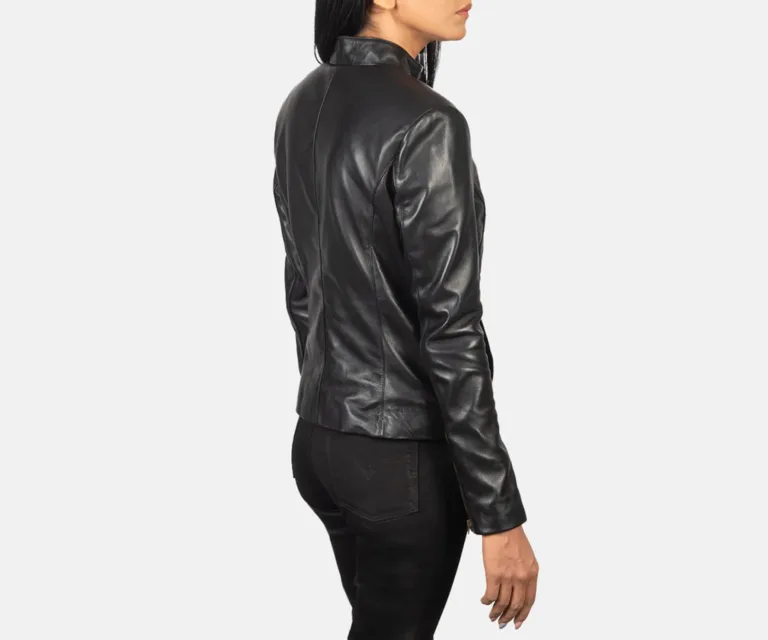 Rumella Black Leather Biker Jacket Luxury Women's Biker Jacket — Macro Hardware & Leather Grain