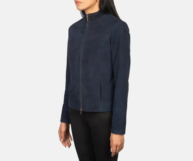 Rumella Blue Suede Biker Jacket Luxury Women's Biker Jacket — Three-Quarter Editorial Perspective