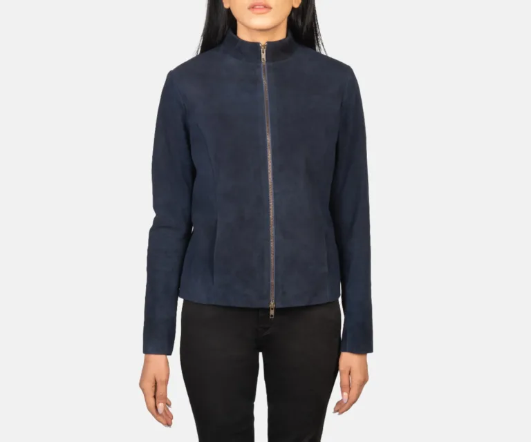 Rumella Blue Suede Biker Jacket Luxury Women's Biker Jacket — Rear Profile & Tailored Seaming