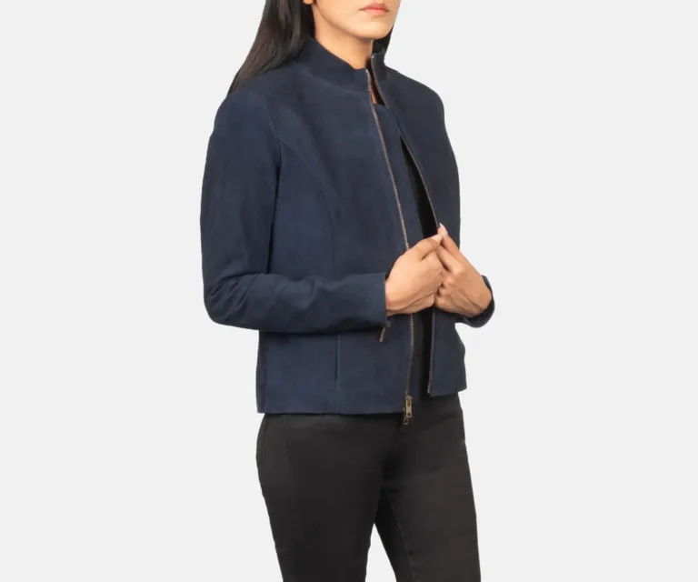 Rumella Blue Suede Biker Jacket Luxury Women's Biker Jacket — Full-Length Silhouette & Drape