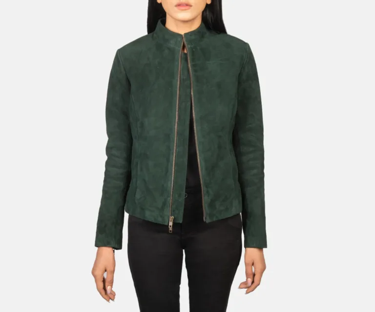 Rumella Green Suede Biker Jacket Luxury Women's Biker Jacket — Front Silhouette Hero Presentation