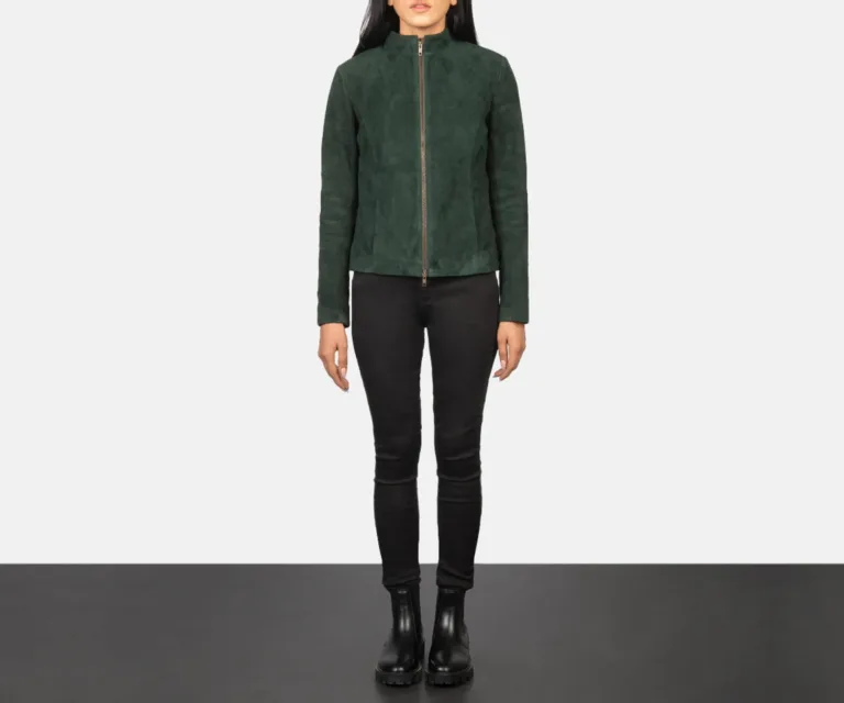 Rumella Green Suede Biker Jacket Luxury Women's Biker Jacket — Asymmetrical Zipper & Lapel Architecture