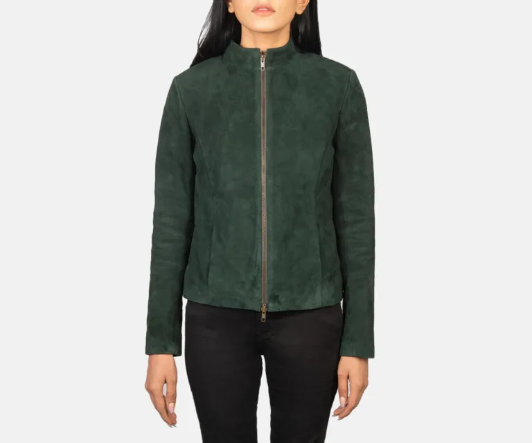 Rumella Green Suede Biker Jacket Luxury Women's Biker Jacket — Rear Profile & Tailored Seaming