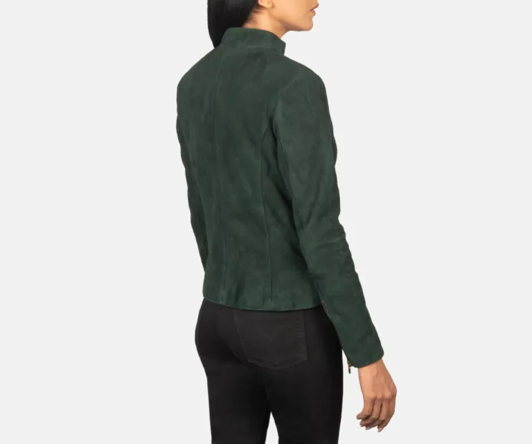 Rumella Green Suede Biker Jacket Luxury Women's Biker Jacket — Macro Hardware & Leather Grain