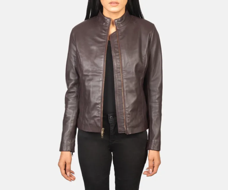 Rumella Maroon Leather Biker Jacket Luxury Women's Biker Jacket — Front Silhouette Hero Presentation