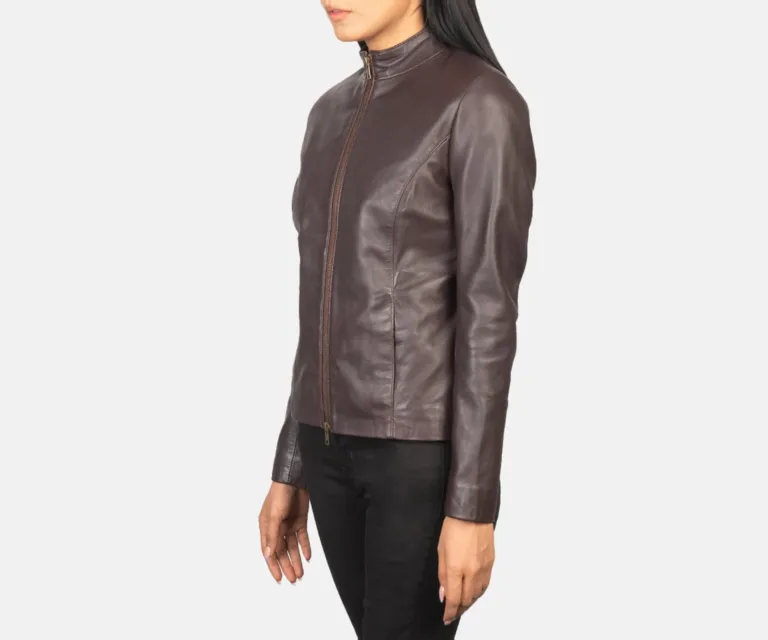 Rumella Maroon Leather Biker Jacket Luxury Women's Biker Jacket — Three-Quarter Editorial Perspective
