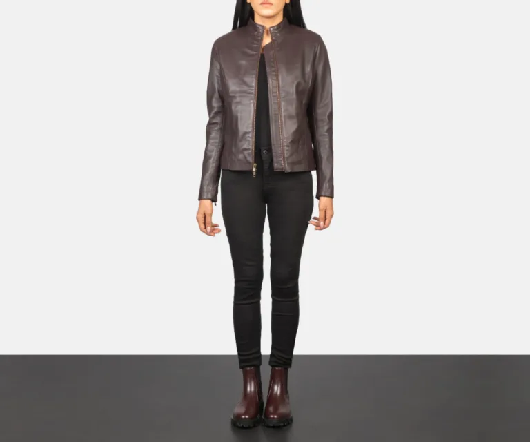 Rumella Maroon Leather Biker Jacket Luxury Women's Biker Jacket — Asymmetrical Zipper & Lapel Architecture