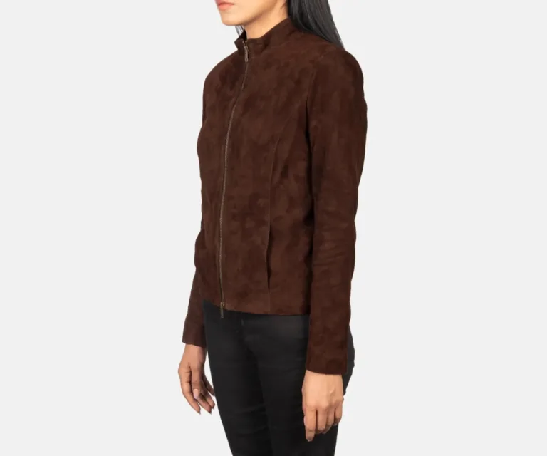 Rumella Mocha Suede Biker Jacket Luxury Women's Outerwear — Three-Quarter Editorial Perspective