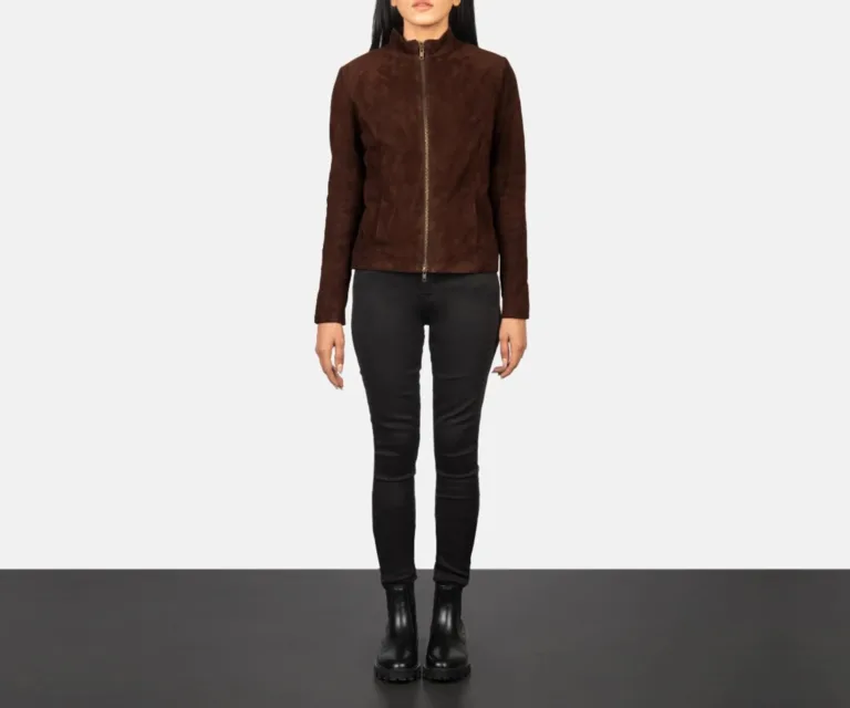 Rumella Mocha Suede Biker Jacket Luxury Women's Outerwear — Collar & Closure Architecture