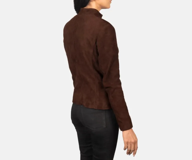 Rumella Mocha Suede Biker Jacket Luxury Women's Outerwear — Macro Hardware & Leather Grain