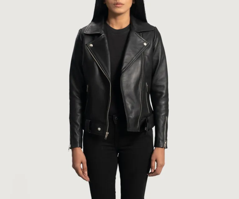 Rumy Black Leather Biker Jacket Luxury Women's Biker Jacket — Front Silhouette Hero Presentation