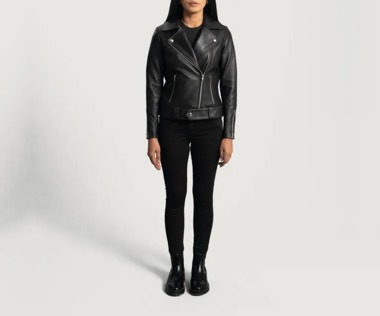 Rumy Black Leather Biker Jacket Luxury Women's Biker Jacket — Asymmetrical Zipper & Lapel Architecture