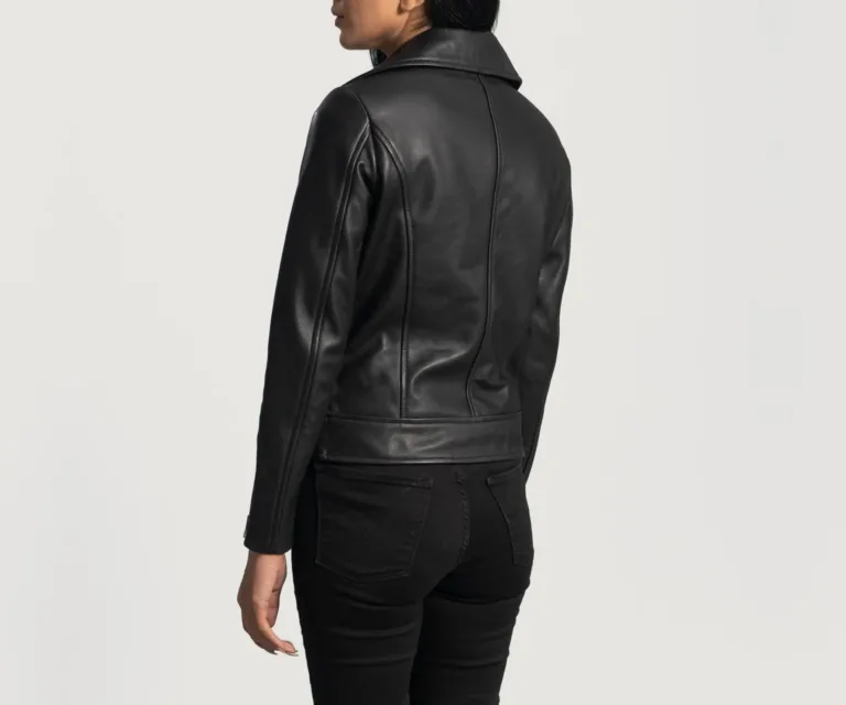 Rumy Black Leather Biker Jacket Luxury Women's Biker Jacket — Macro Hardware & Leather Grain