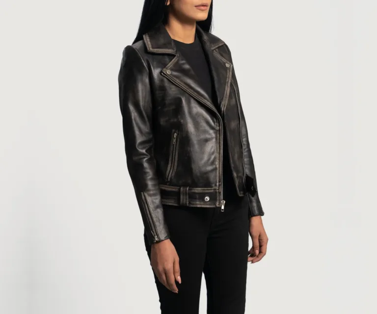 Rumy Distressed Brown Leather Biker Jacket Luxury Women's Biker Jacket — Three-Quarter Editorial Perspective