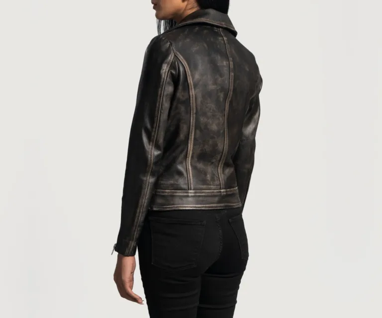 Rumy Distressed Brown Leather Biker Jacket Luxury Women's Biker Jacket — Macro Hardware & Leather Grain