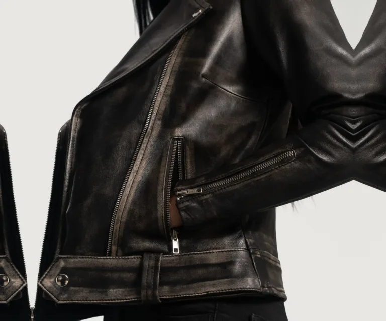 Rumy Distressed Brown Leather Biker Jacket Luxury Women's Biker Jacket — Full-Length Silhouette & Drape