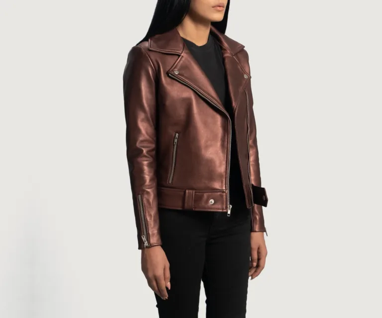 Rumy Maroon Leather Biker Jacket Luxury Women's Biker Jacket — Three-Quarter Editorial Perspective