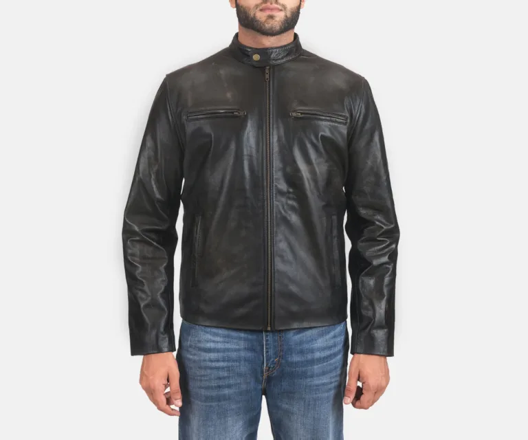 Rustic Black Leather Biker Jacket — Front Open Hero Presentation