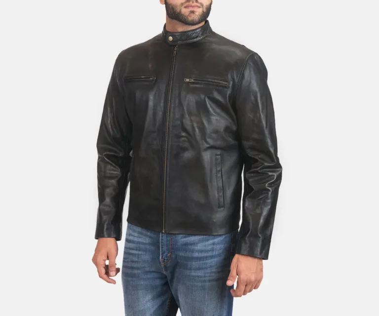 Rustic Black Leather Biker Jacket — Quarter Angle Profile & Contoured Sleeve Detail