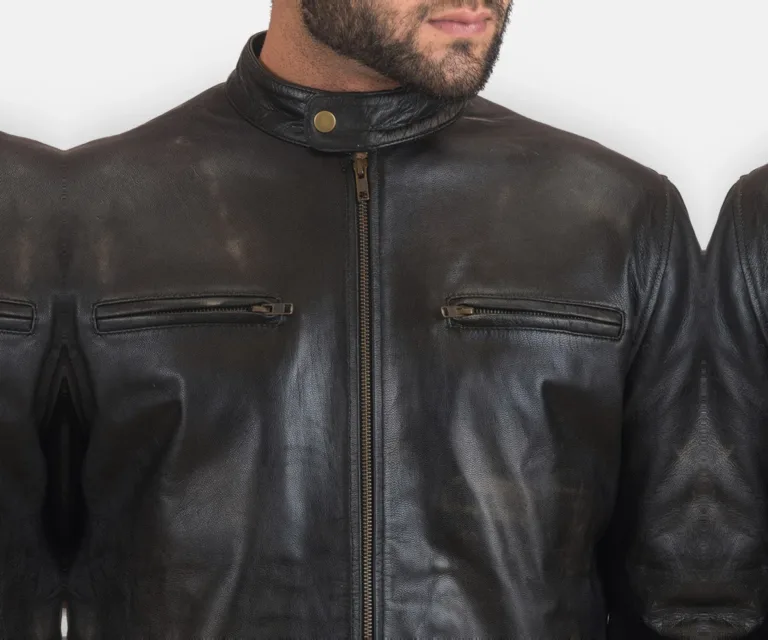 Rustic Black Leather Biker Jacket — Rear Back View & Clean Hemline