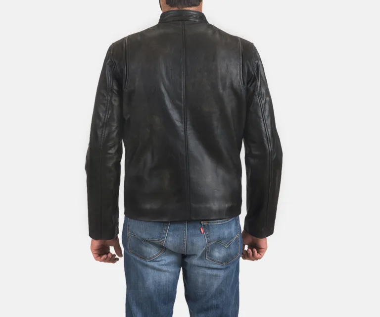 Rustic Black Leather Biker Jacket — Macro Detail Texture, Stitching & Hardware