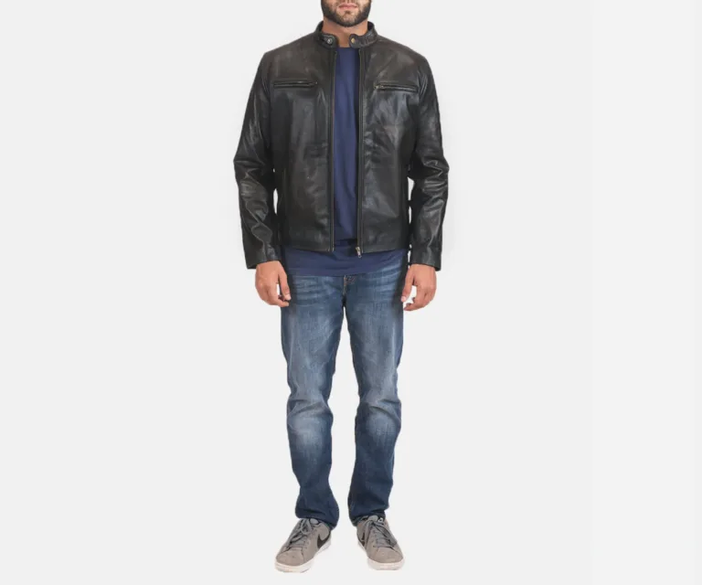 Rustic Black Leather Biker Jacket — Full-Length Model Editorial Presentation