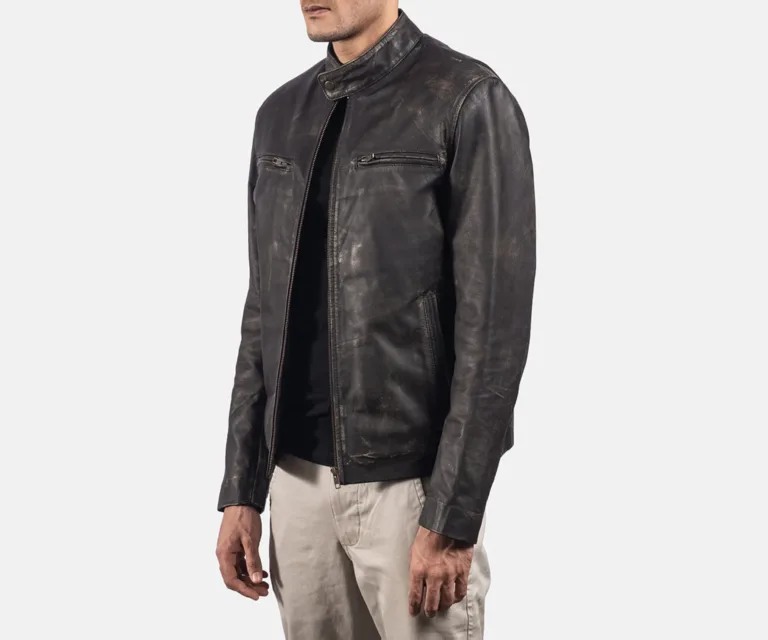 Rustic Brown Leather Biker Jacket — Quarter Angle Profile & Contoured Sleeve Detail