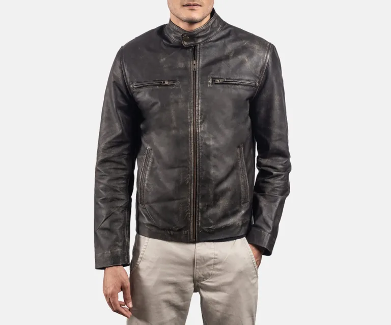 Rustic Brown Leather Biker Jacket — Front Zipped Placket & Collar Detail