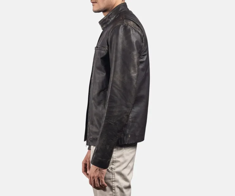 Rustic Brown Leather Biker Jacket — Rear Back View & Clean Hemline
